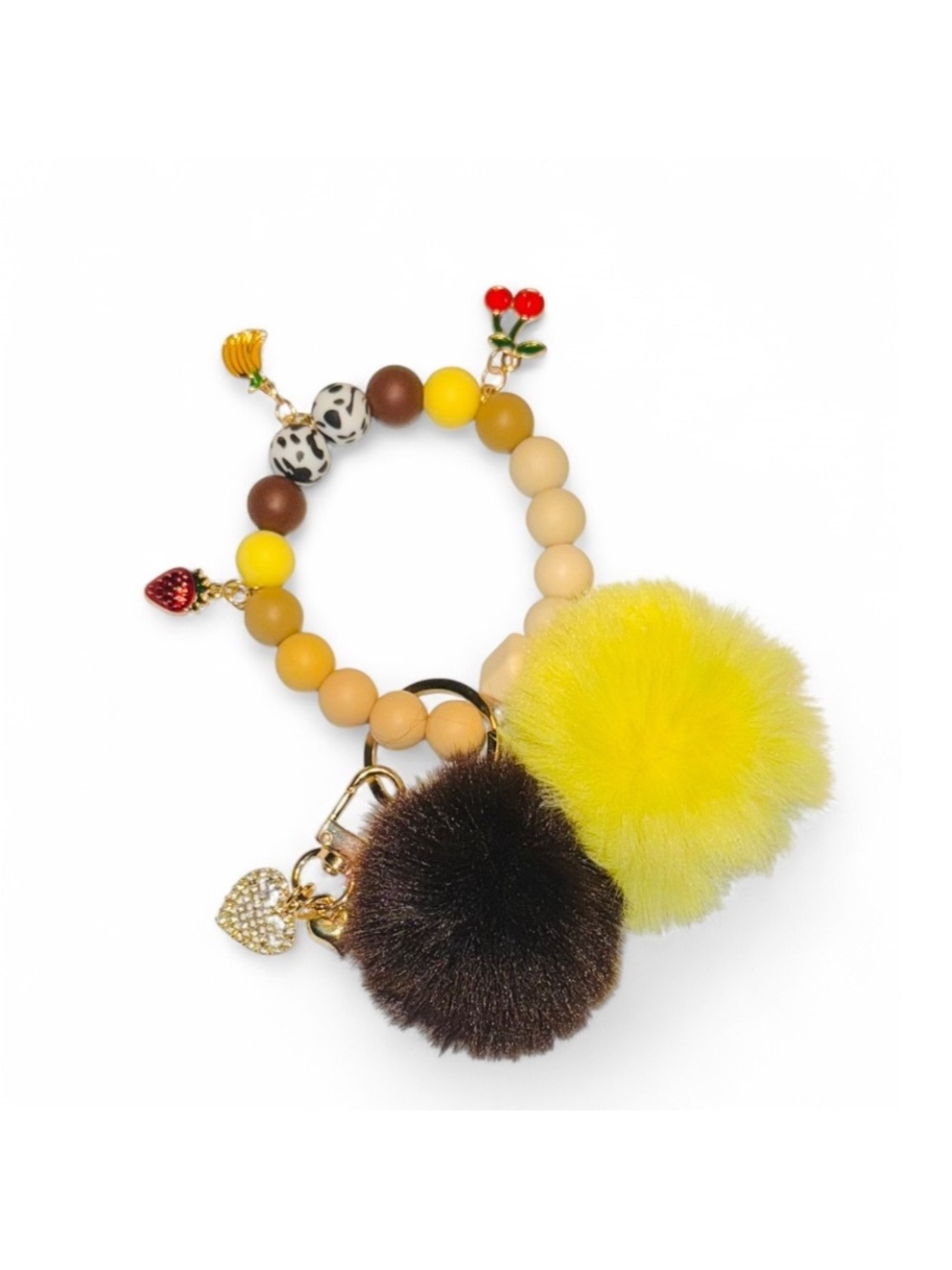 Beaded Pom Pom Charm Keyring - Yellow & Brown - Picture 3 of 4